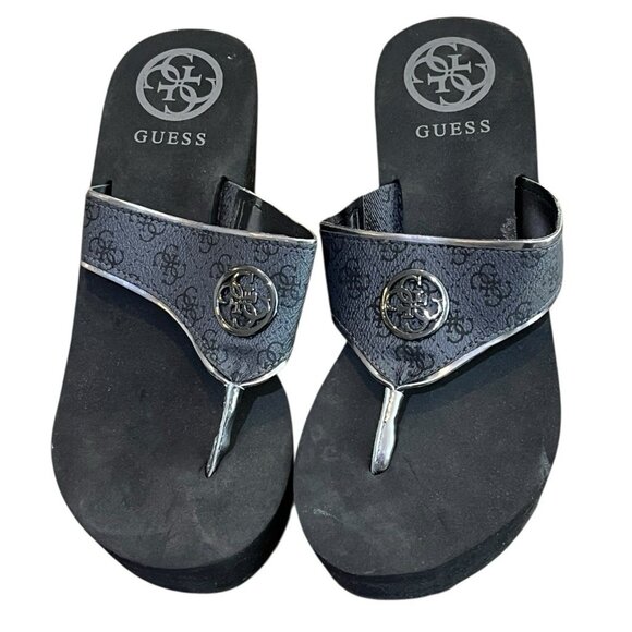 GUESS Sarraly Womens 10 M Eva Black Wedge Slip On Thong Sandals Logo - Picture 1 of 8